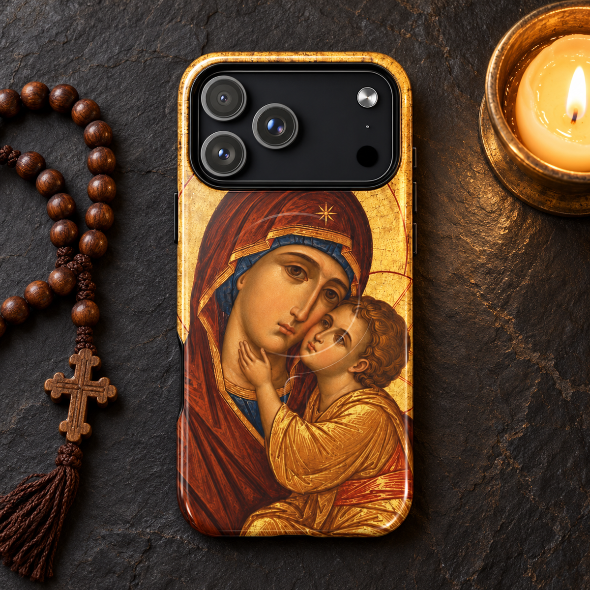 Theotokos Byzantine icon iPhone case with a prayer rope