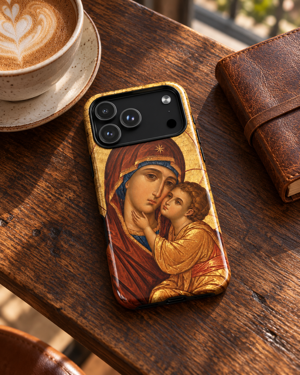 Theotokos Byzantine icon iPhone case in morning light