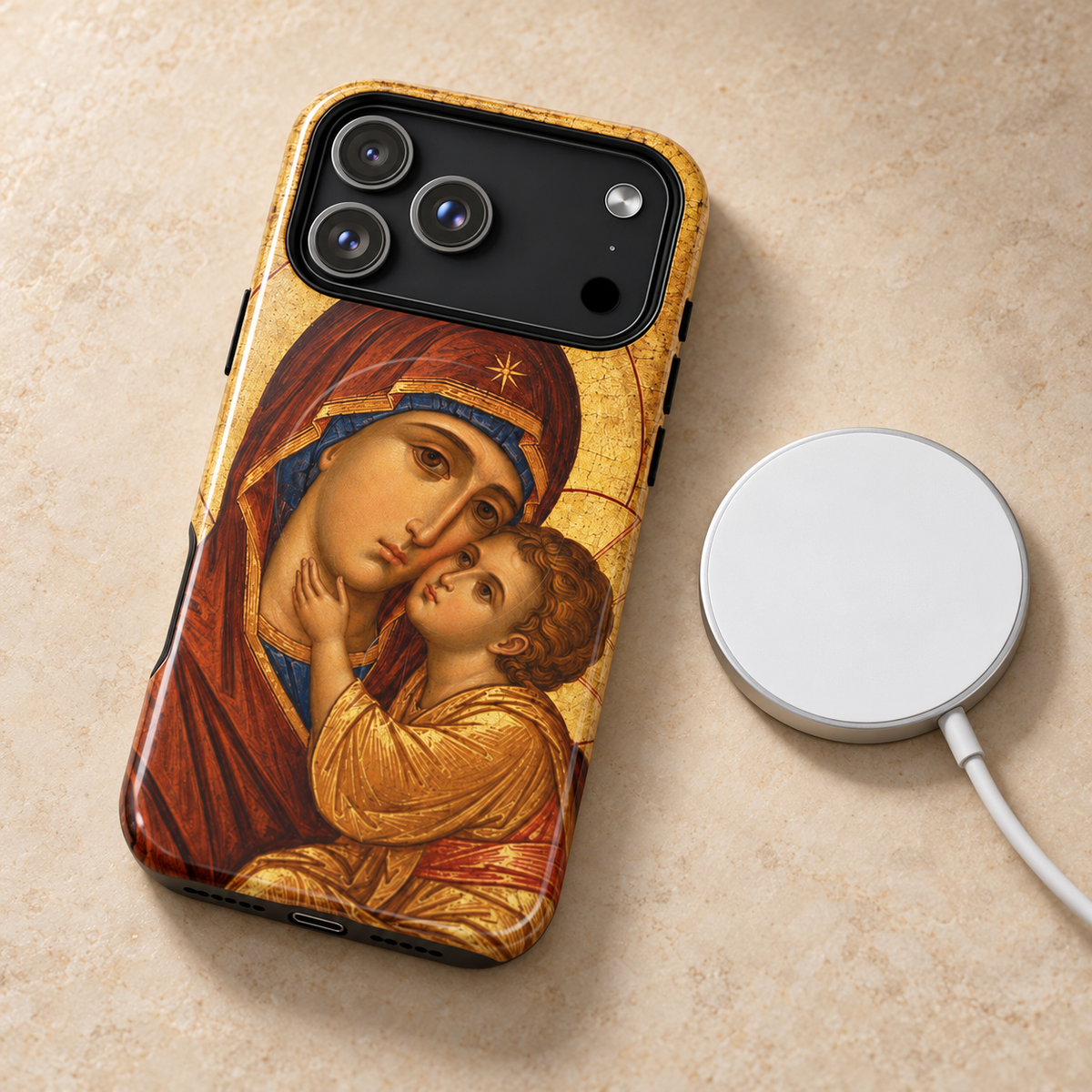 Theotokos Byzantine icon iPhone case on a MagSafe charger