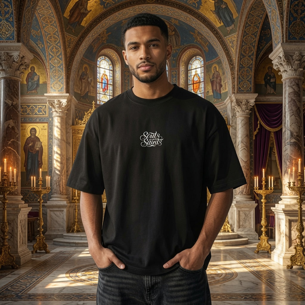 Souls of Saints Embroidered Calligraphy T-Shirt | Elegant Script Tee