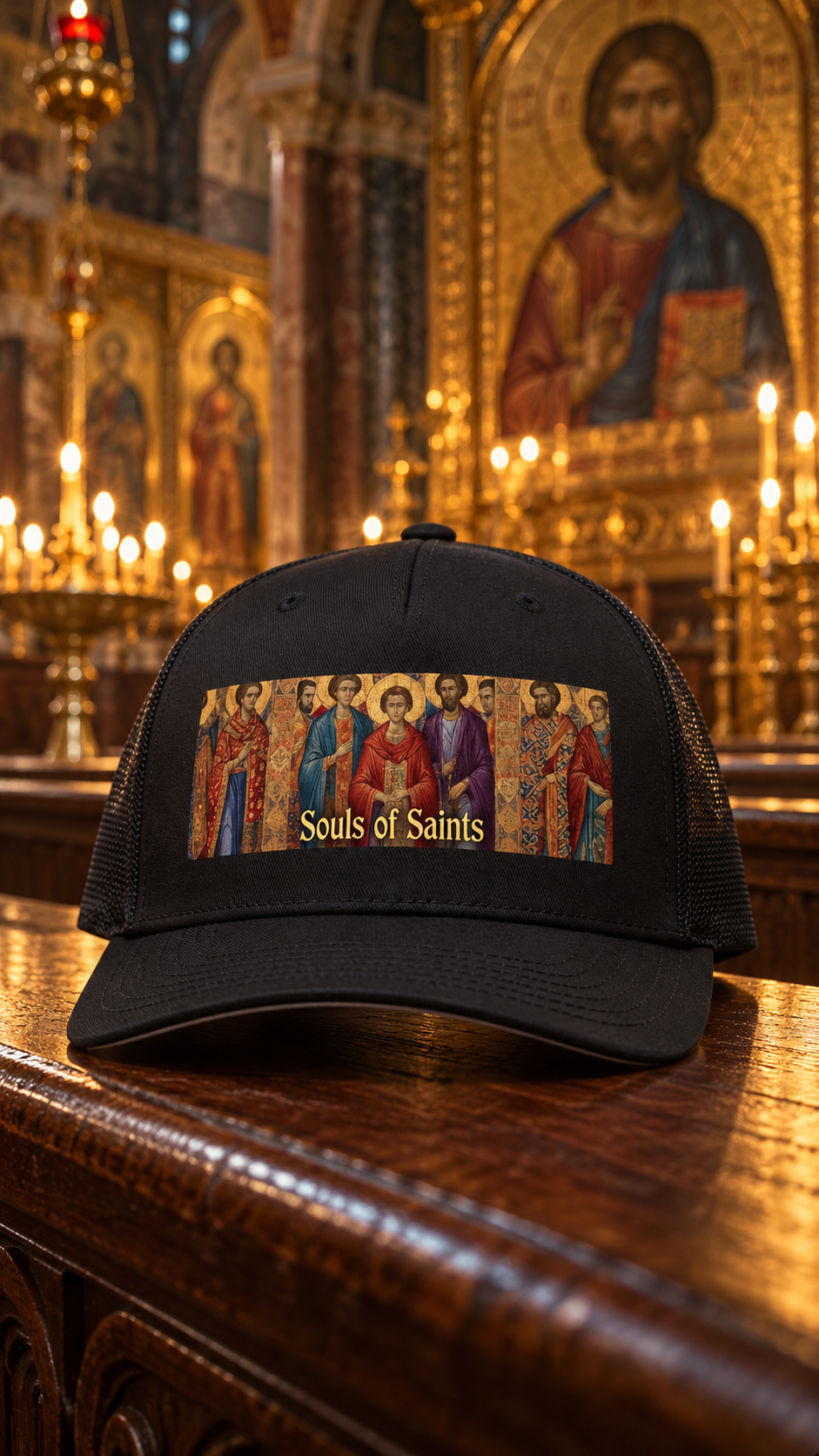 Byzantine saints trucker cap on a pew in a candlelit cathedral