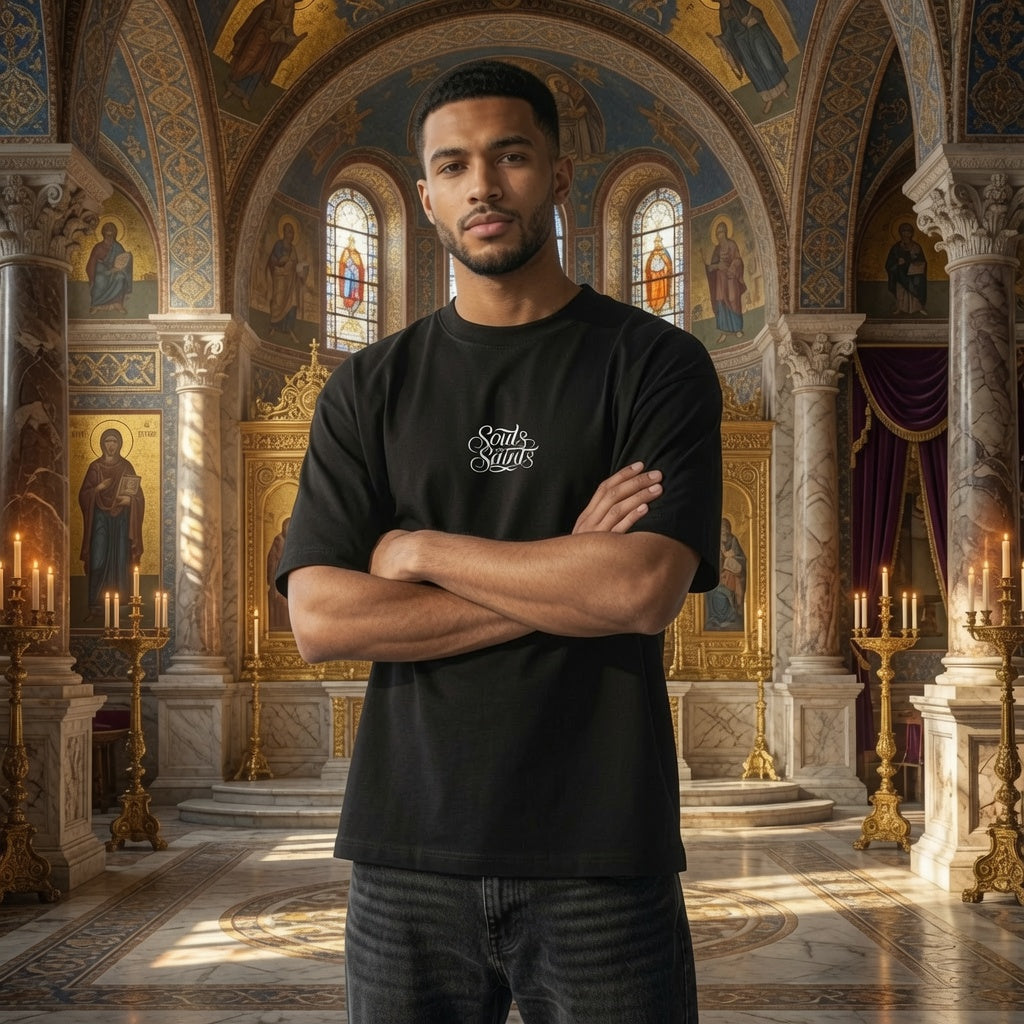 Souls of Saints Embroidered Calligraphy T-Shirt | Elegant Script Tee