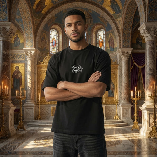 Souls of Saints Embroidered Calligraphy T-Shirt | Elegant Script Tee