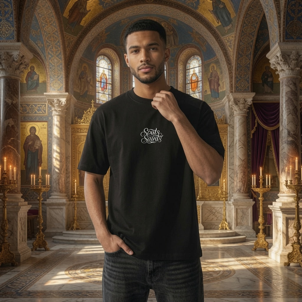 Souls of Saints Embroidered Calligraphy T-Shirt | Elegant Script Tee