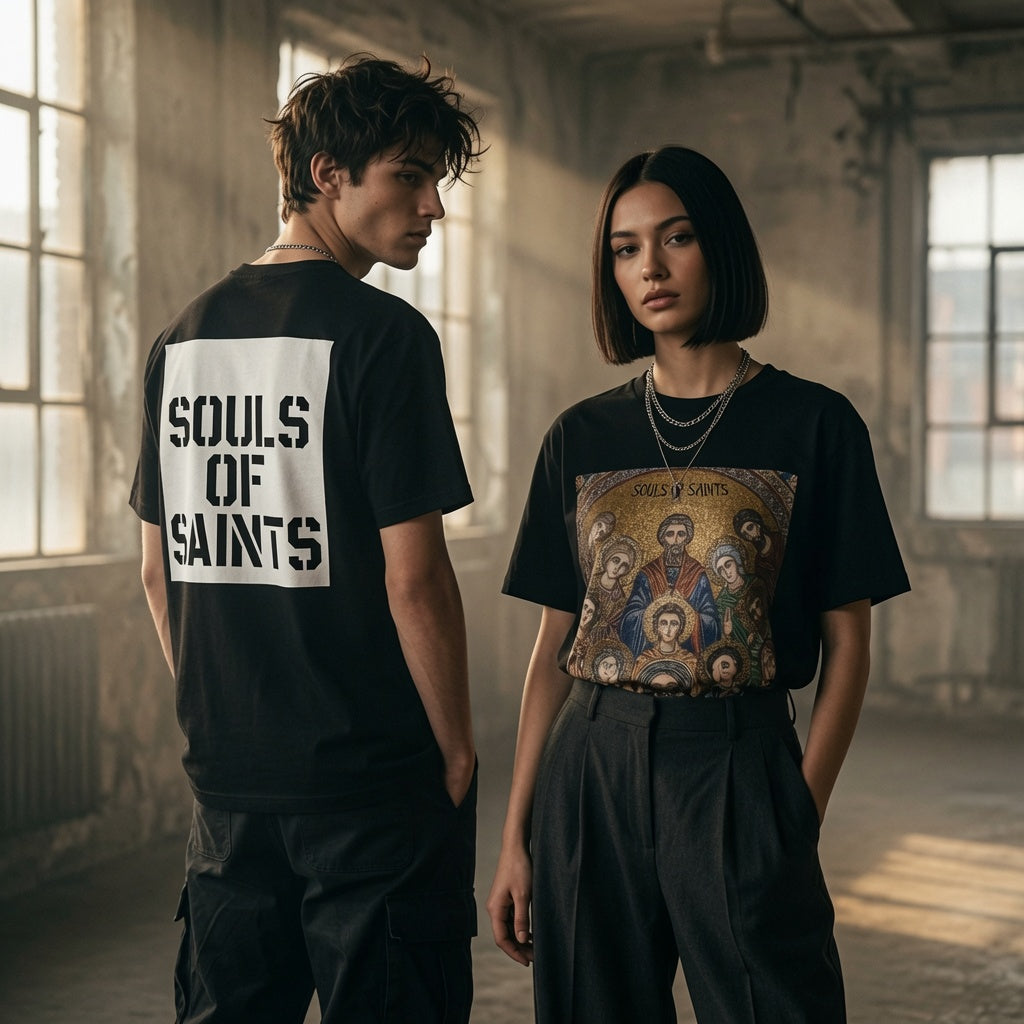Souls of Saints Byzantine Mosaic T-Shirt | Sacred Gold Icon Tee